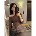 高級感可斜肩彈性蕾絲上衣_5