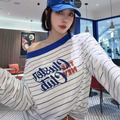 撞色條紋斜肩防曬TEE_1