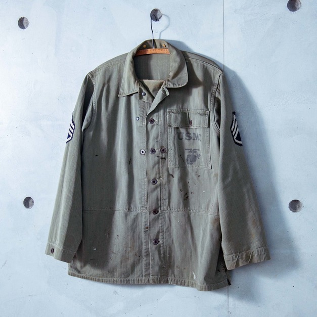 原版古着 40年代 二戰美國海軍陸戰隊公發 USMC HBT 人字紋布料 P44 野戰襯衫 ( F款 )