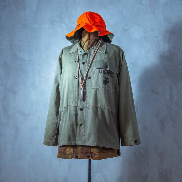 原版古着 40年代 二戰美國海軍陸戰隊公發 USMC HBT 人字紋布料 P44 野戰襯衫 稀有異色拼接