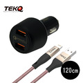 【TEKQ】2孔 36W USB QC 車充+TEKQ MFi USB to Lightning 傳輸線 120cm