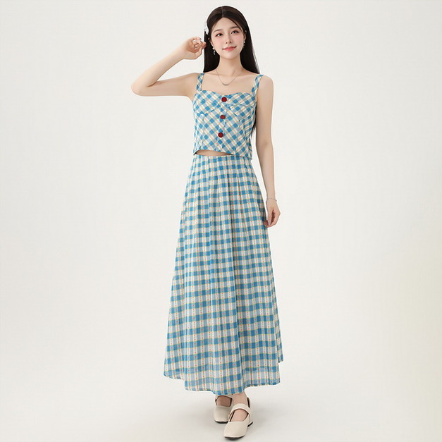 復古格子吊帶上衣+高腰顯瘦半身裙套裝