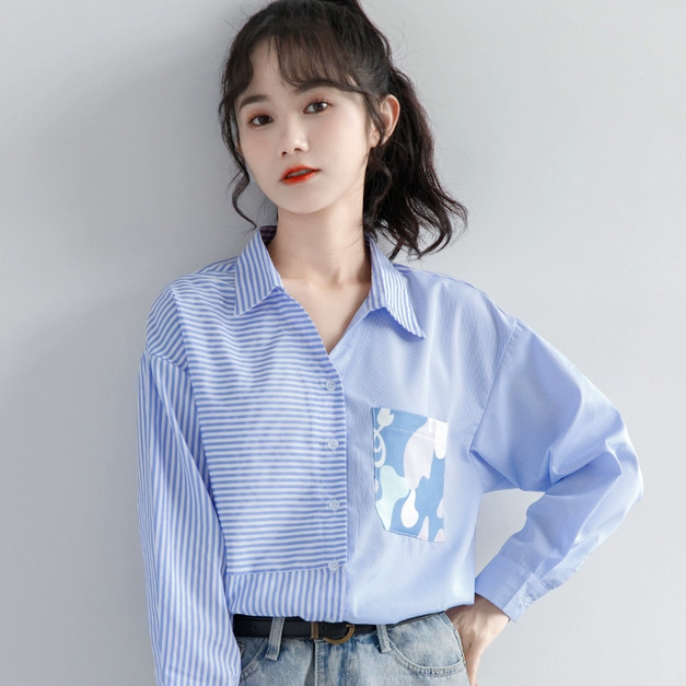 春季藍色拼接藍色條紋襯衫