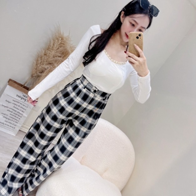 韓版百搭修身高腰格子褲