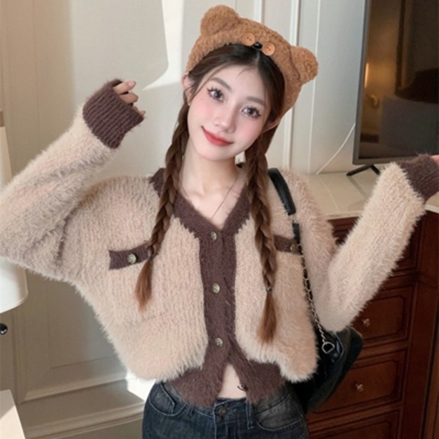 韓版撞色毛毛排扣毛衣