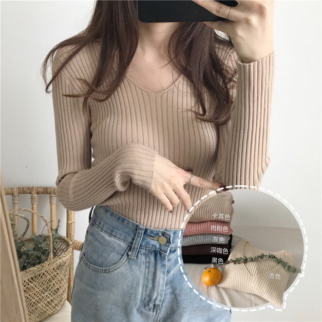 韓版百搭坑條v領針織上衣