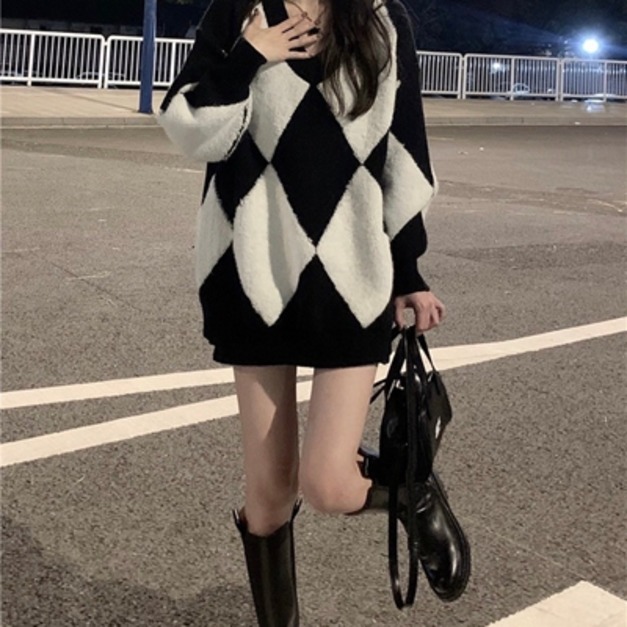 韓版菱格寬鬆長版毛衣