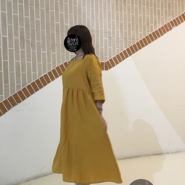 素色黃 七分長洋裝