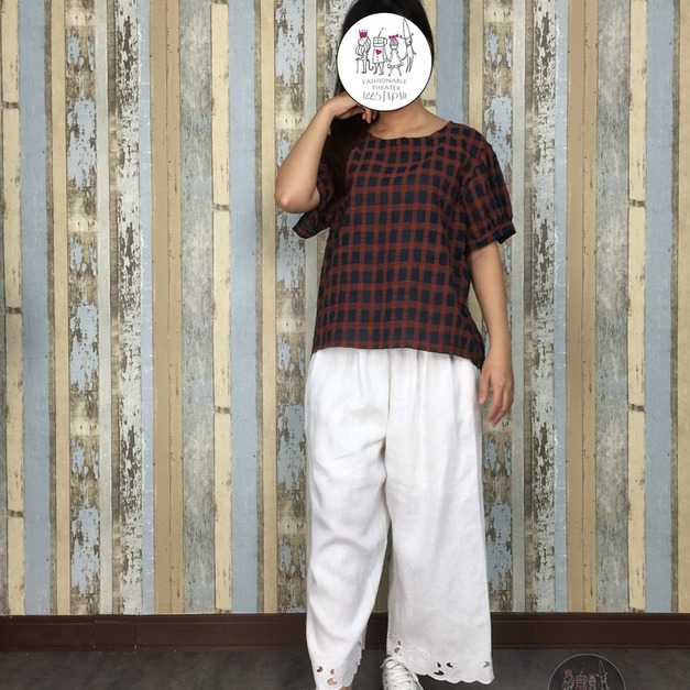 公主袖格子棉麻