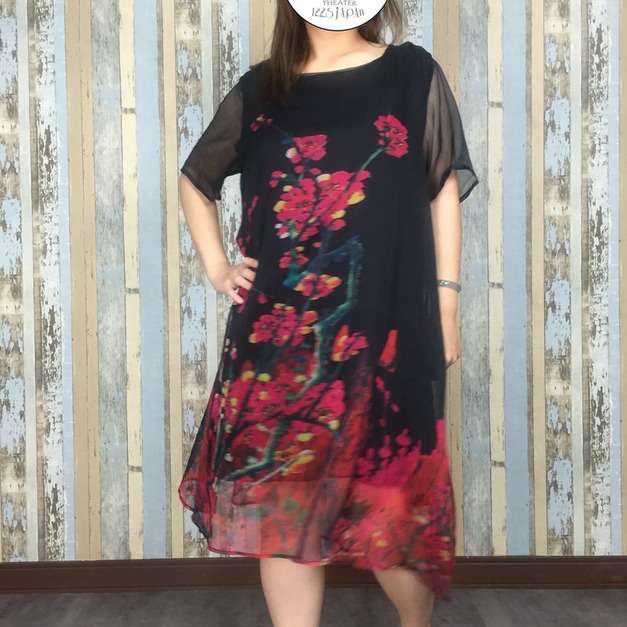 梅花雪紡洋裝-黑色