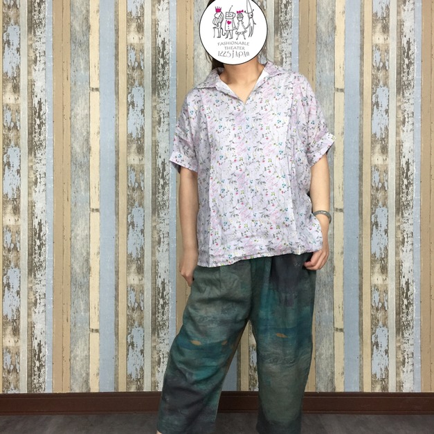 碎花方塊領麻襯衫