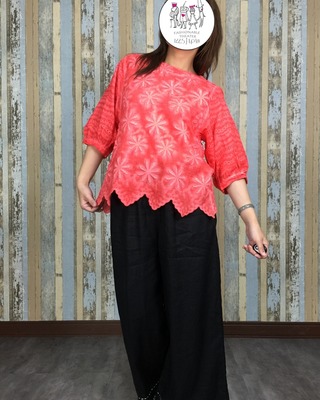 立體葵花棉麻上衣-紅橘色