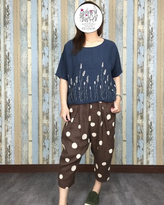 蘆葦繡花短版麻衣-深藍色