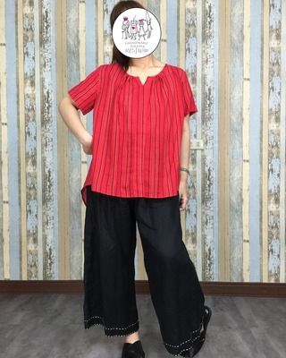 細直條前短棉娃裝-紅色