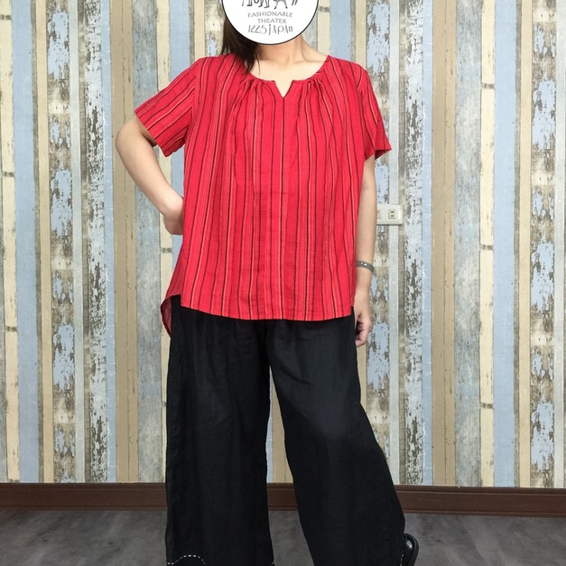 細直條前短棉娃裝-紅色