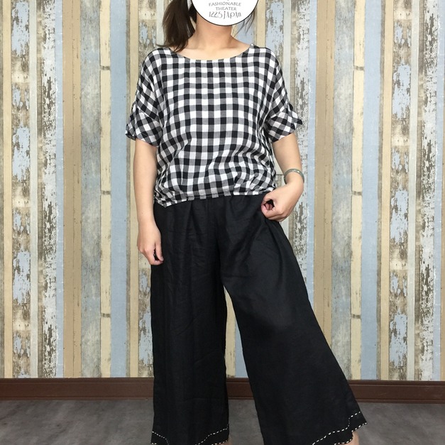 格子下皺褶短版上衣-黑色