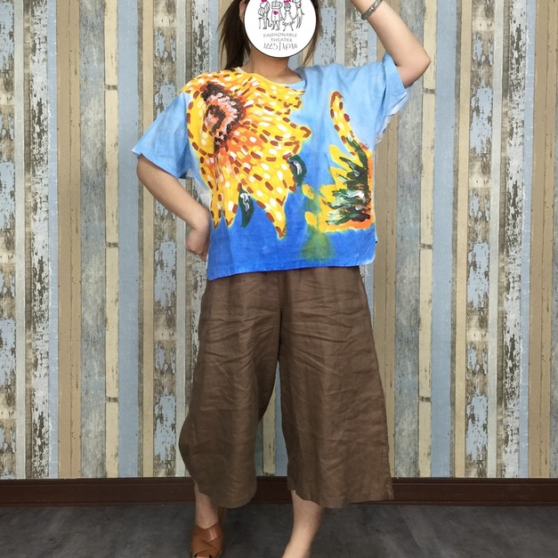 手繪向日葵棉麻上衣-黃色花