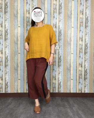 手縫紅線棉麻上衣-黃色