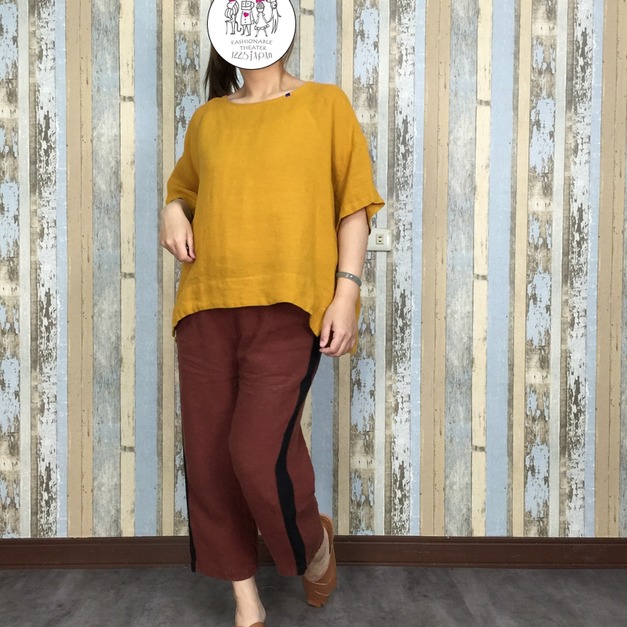 手縫紅線棉麻上衣-黃色