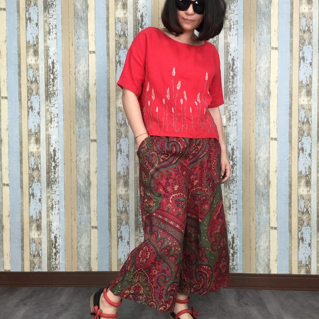 蘆葦繡花短版麻衣-紅色