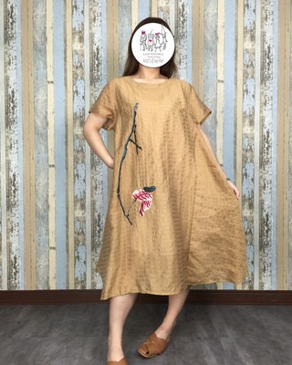 拼接繡花A洋裝-咖啡色