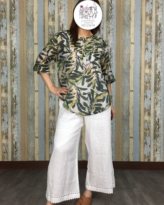 一口袋綠葉棉麻上衣