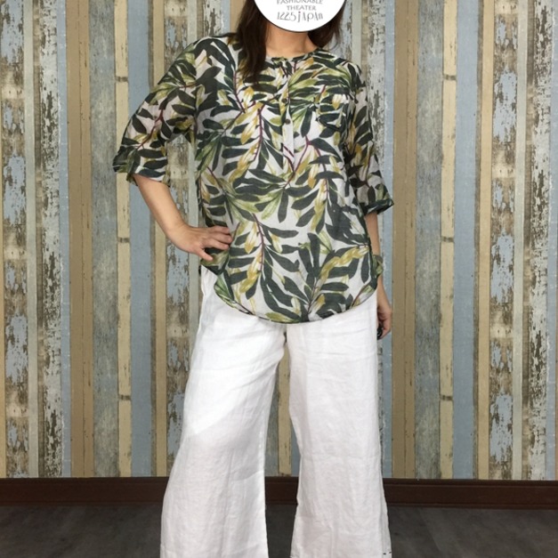 一口袋綠葉棉麻上衣