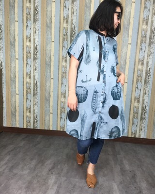 海鮮蔬菜天絲長裝-藍色