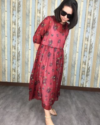 絲質花布洋裝-紅色