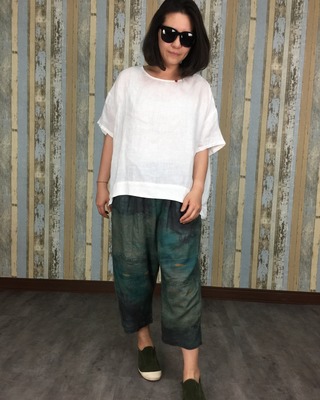 手縫紅線棉麻上衣-白色