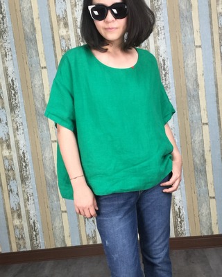 手縫紅線棉麻上衣-綠色