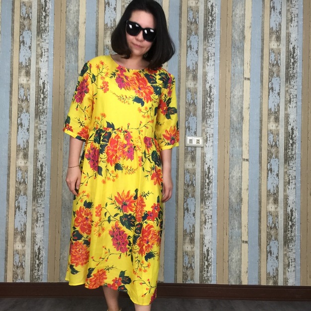 鮮豔色花布娃娃裝-黃色