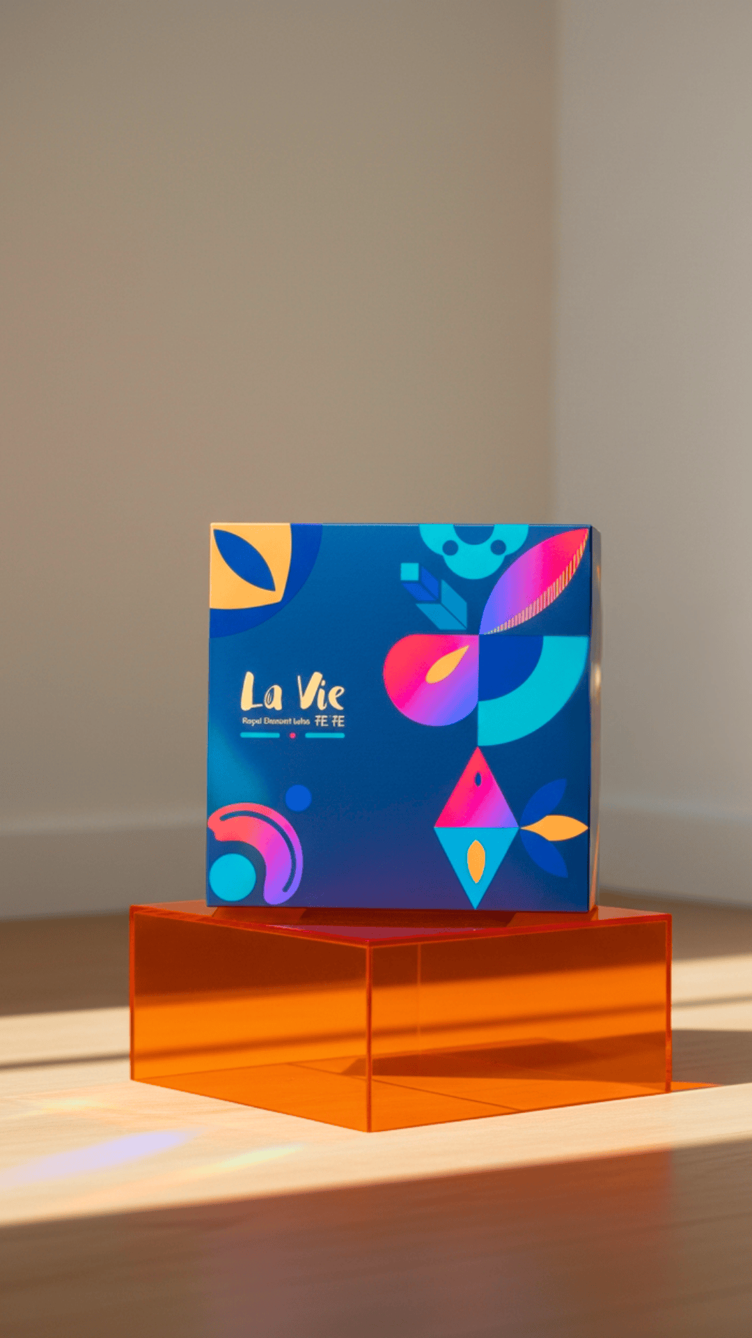 藍璽四葉皇家甜點深藍色禮盒，充滿時尚與層次感的幾何圖形。