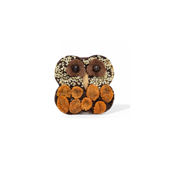 88LaVie 手工巧克力餅乾，貓頭鷹造型福來牽囍，使用白芝麻、巧克力脆片與杏仁條創作。
