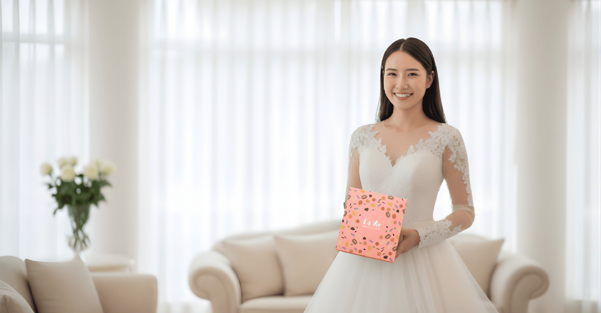 幸福之花法式手工喜餅禮盒 主視覺，粉色時尚設計，花花LaVie 品牌。