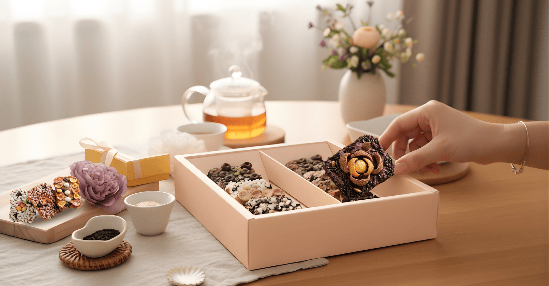 法式手工喜餅情境照，幸福之花禮盒搭配浪漫婚紗、捧花，象徵甜蜜婚姻。