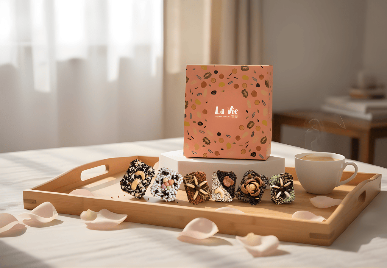 幸福之花喜餅開盒特寫，展示造型獨特的多口味手工餅乾。