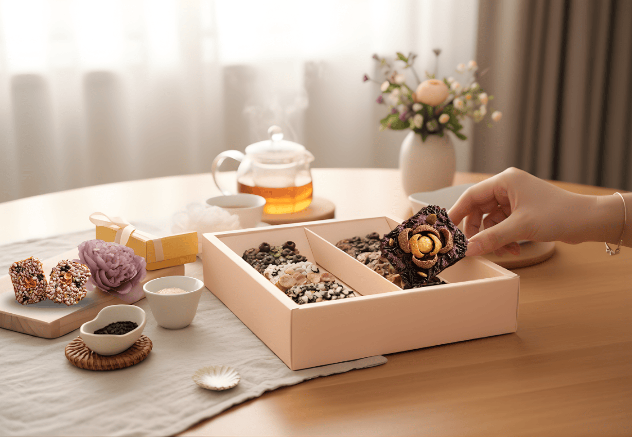 新人手持法式手工喜餅合影，幸福之花禮盒尺寸與質感展示。