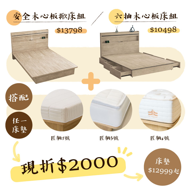 特惠折扣2000!!!▸安全木心板床組+匠躺床墊