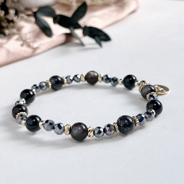 【黑金鎧甲】避邪防小人｜銀曜石黑髮晶鈦赫茲天然水晶手鏈｜14KGF黃銅