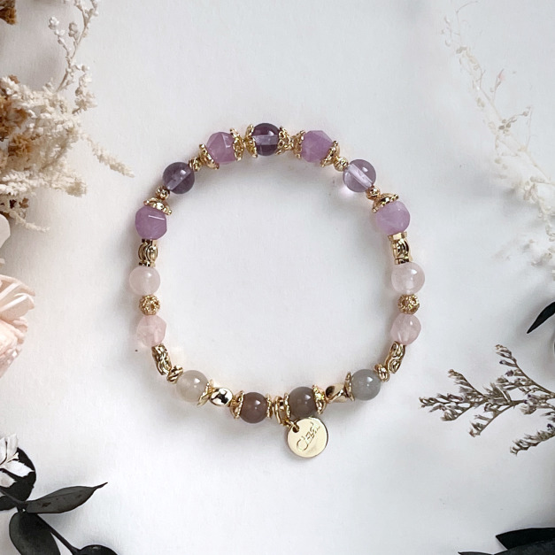 【薰衣草的祝福】人緣貴人｜紫水晶月光石天然水晶手鏈｜14KGF黃銅