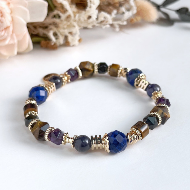 【塞維利亞河畔】自信專注｜黃虎眼菫青石紫水晶天然水晶手鏈｜14KGF黃銅