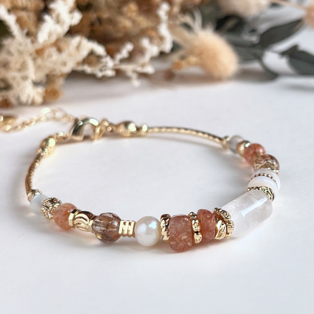 【神殿的日出】自信正能量｜白水晶太陽石天然水晶手鏈｜14KGF黃銅