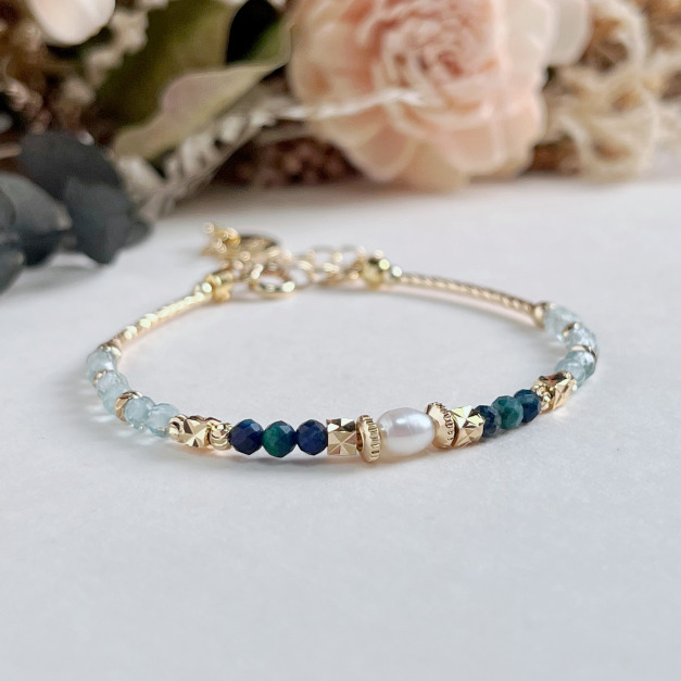 【森林晨露】心情愉悅｜鳳凰青金石磷灰石珍珠天然水晶手鏈｜14KGF黃銅