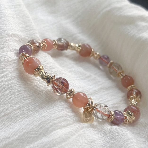 【半熟少女】正能量招財｜黑金超七橙月光石天然水晶手鏈｜14KGF黃銅