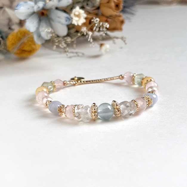 【克里特島】人緣溝通｜紫幽靈藍紋瑪瑙月光石太陽石天然水晶手鏈｜14KGF黃銅