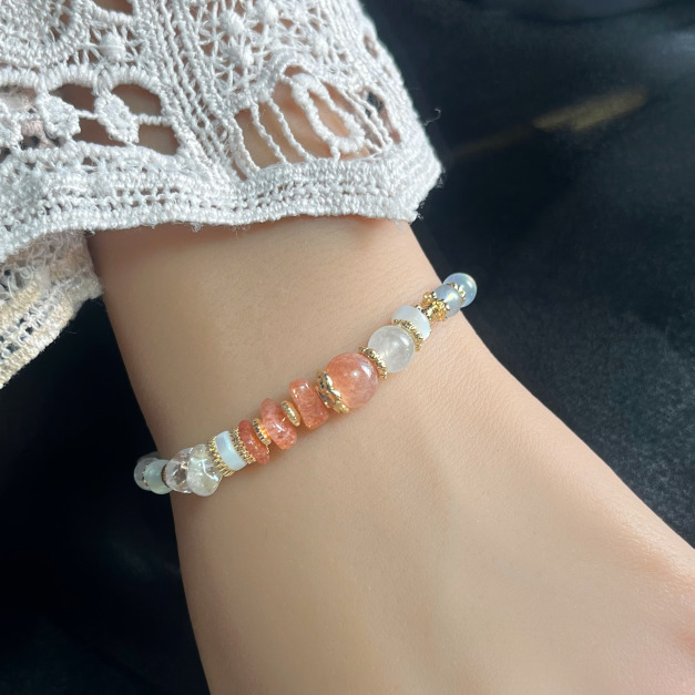 【海風與陽光】 正向思考｜橙月光石海藍寶天然水晶手鏈｜14KGF黃銅