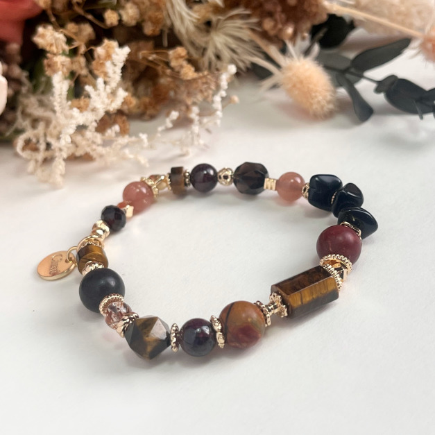 【藏寶圖】 開運避邪｜橙月光石黃虎眼天然水晶手鏈｜14KGF黃銅