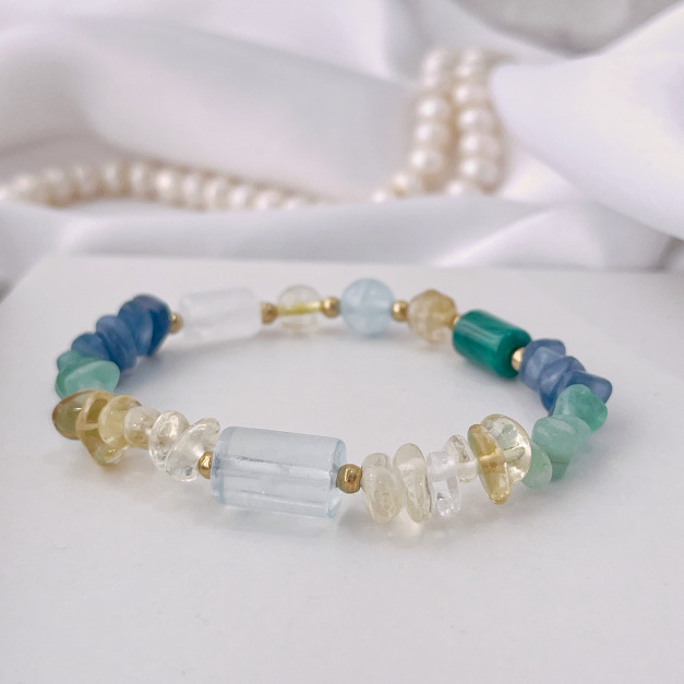 【帕拉伊索的陽光】招財平安｜海藍寶藍晶石孔雀石天然水晶手鏈｜鈦鋼