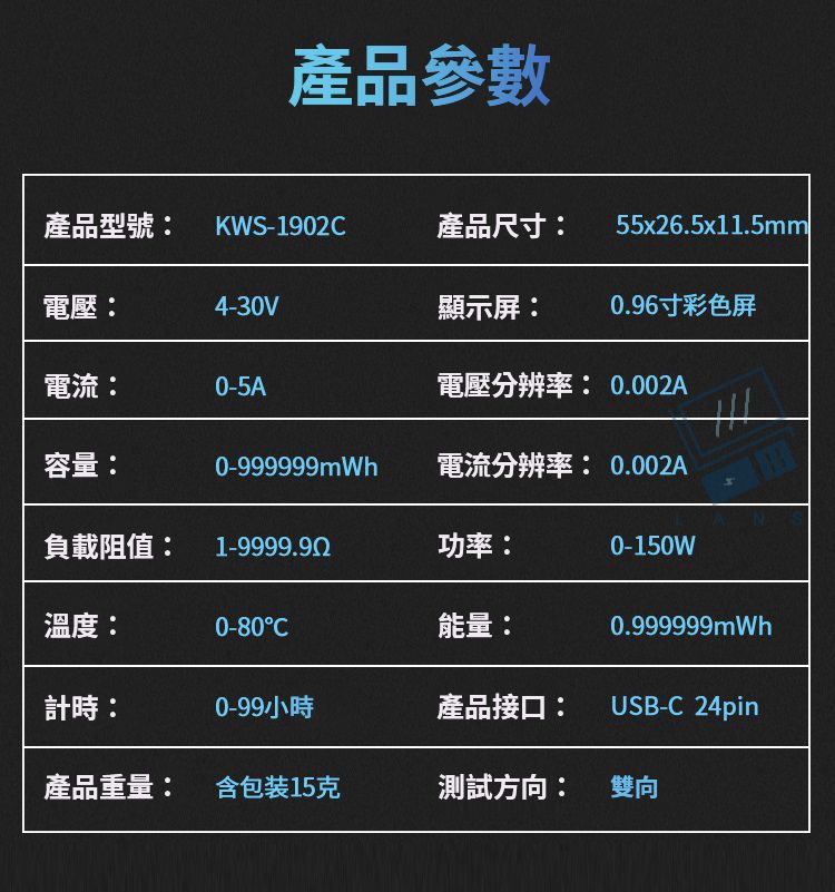 產品參數產品型號: KWS-1902產品尺寸: 55x26.5x11.5mm電壓:4-30V顯示屏:0.96寸彩色屏電流:0-5A電壓分辨率: 0.002A容量:0-999999mWh電流分辨率: 0.002A負載阻值: 1-9999.90功率:0-150W溫度:0-80C能量:0.999999mWh計時:0-99小時產品接口:USB-C 24pin產品重量:含包装15克測試方向:雙向